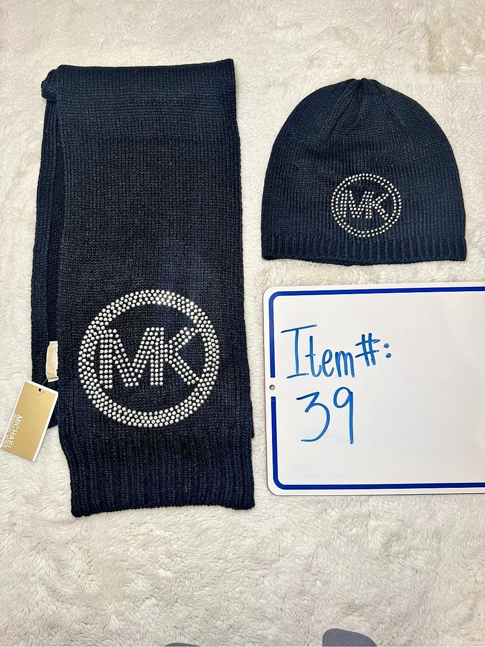Michael Kors Studded MK Logo Knit Beanie and Scarf Set Black NWT